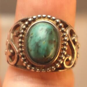 Vintage Turquoise Sterling Filigree Ring Signed RJ Size 6